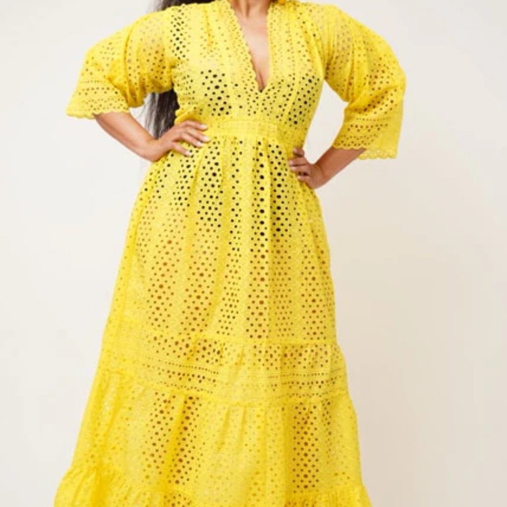 La Forme AYO Midi Yellow Eyelet Dress, Size Medium